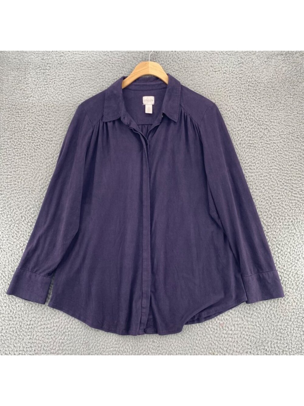 Chicos Shirt Womens 2 US Large Purple Button Up Collar Faux Suede Top Stretch